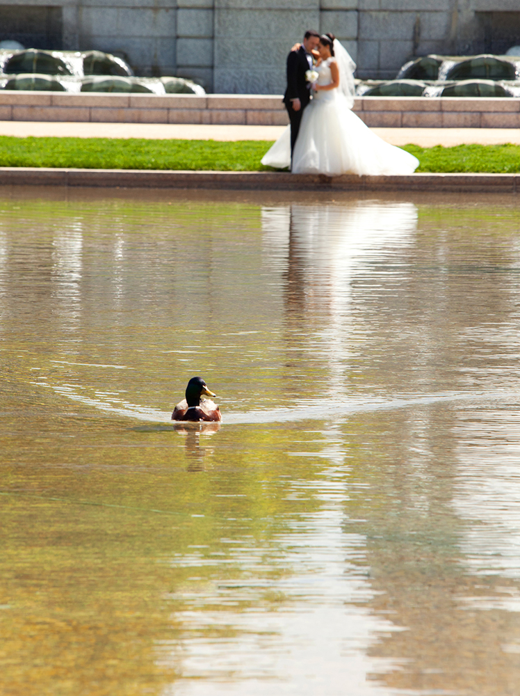 A bride and groom elegantly strolling hand in hand through the water on their special day.